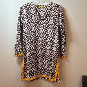 Roberta Roller Rabbit Brown & White Patterned Tunic with Yellow Trim